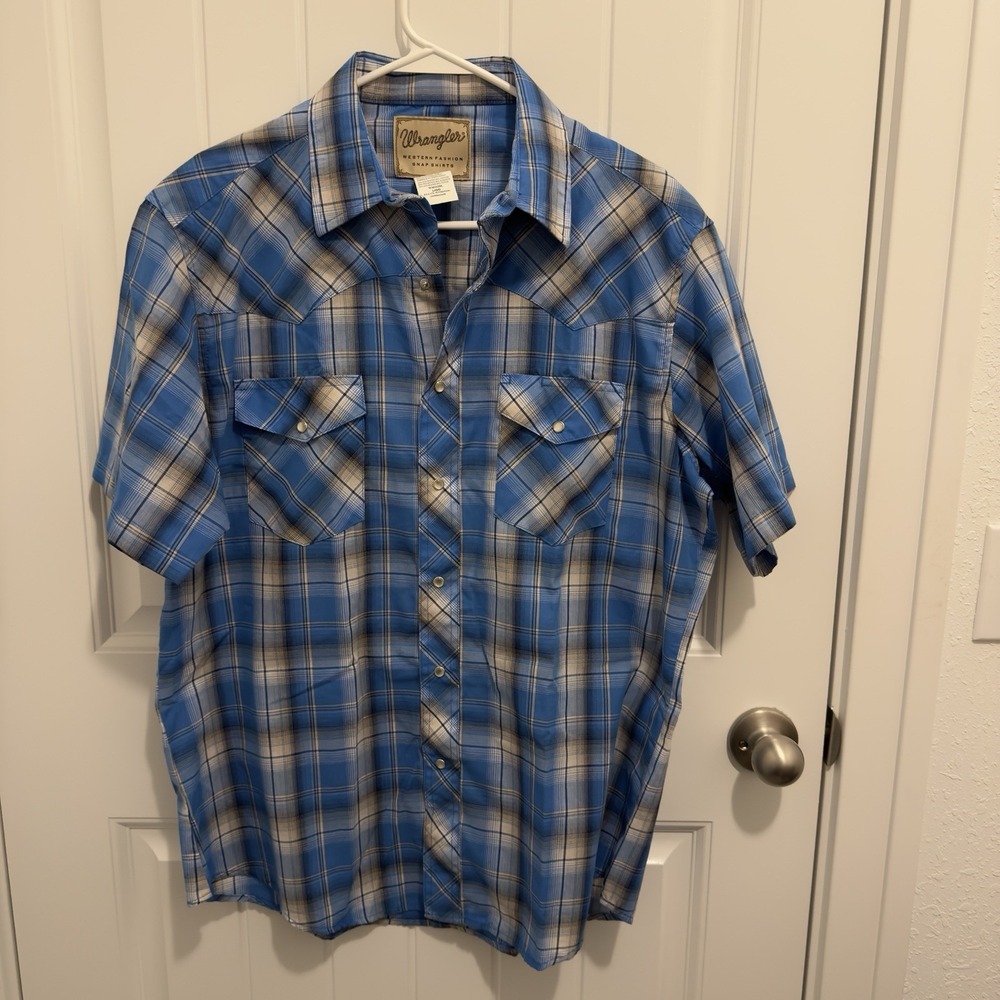 Wrangler Men's‎ Western Short Sleeve Pearl Snap Shirt Blue Plaid Size Large